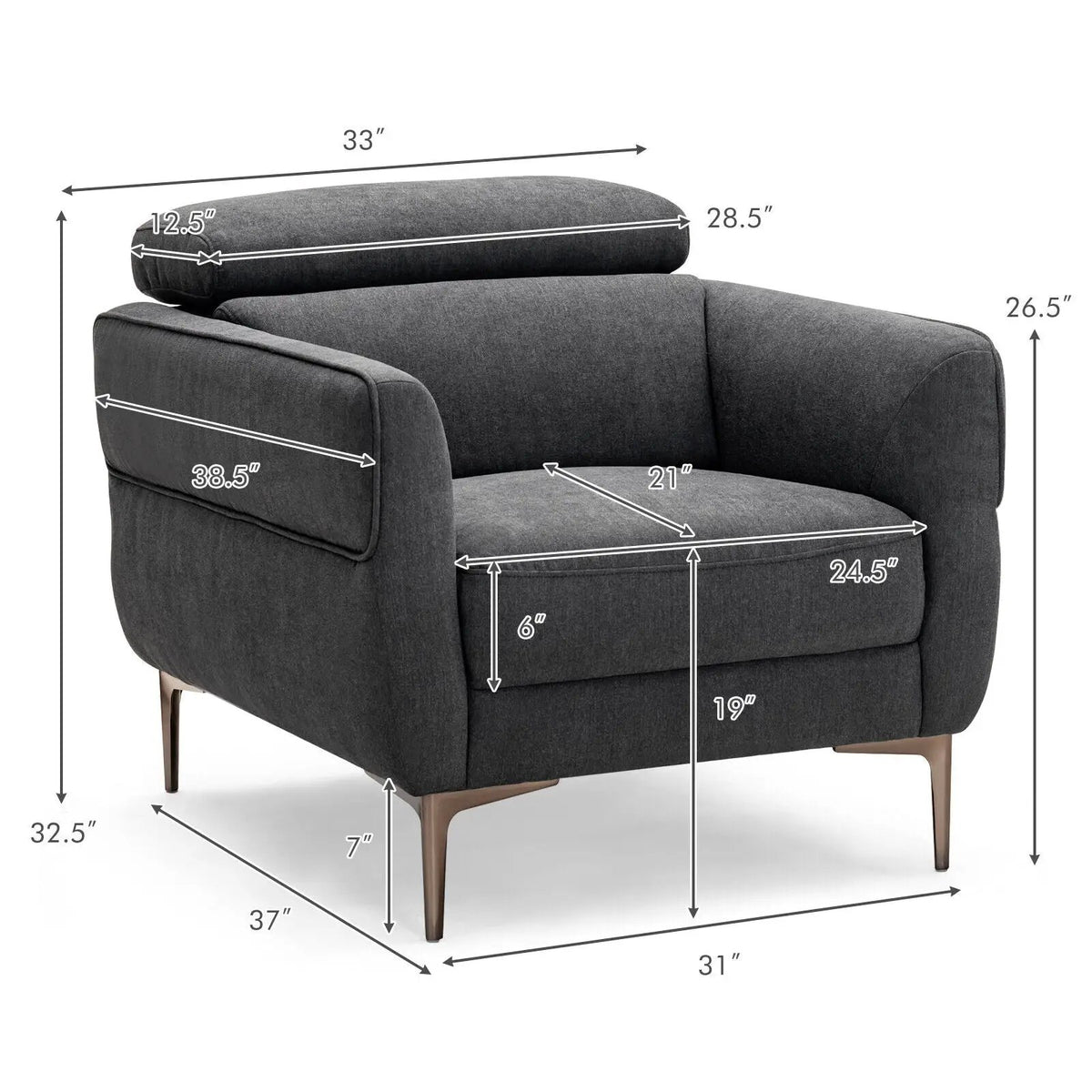 Modern Upholstered Single Sofa with Adjustable Headrest, dimensions drawing