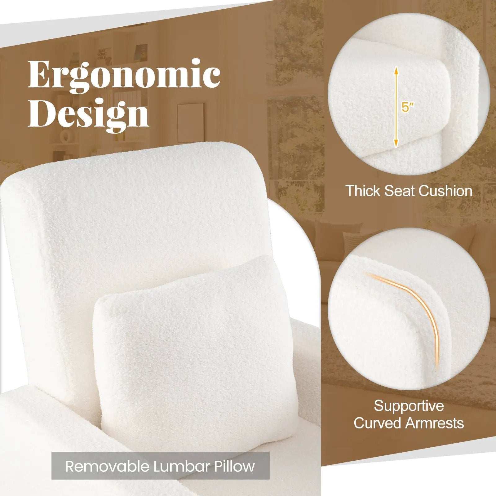 Modern Upholstered Sofa chair with Lumbar Pillow and Teddy Fleece Cover-White by DirectDeals