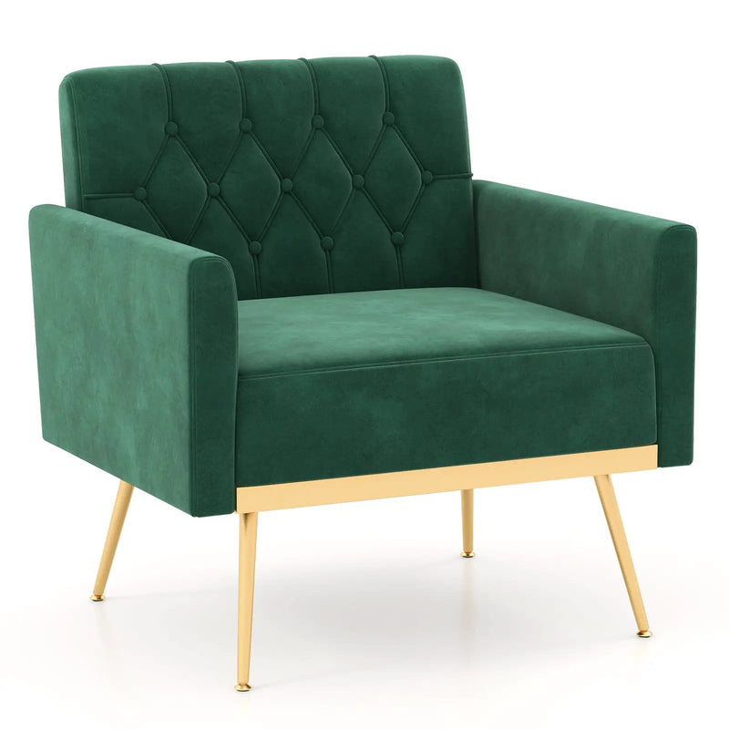 Modern Velvet Accent Chair with Button Tufted Back Golden Metal Legs and Adjustable Foot Pads by DirectDeals