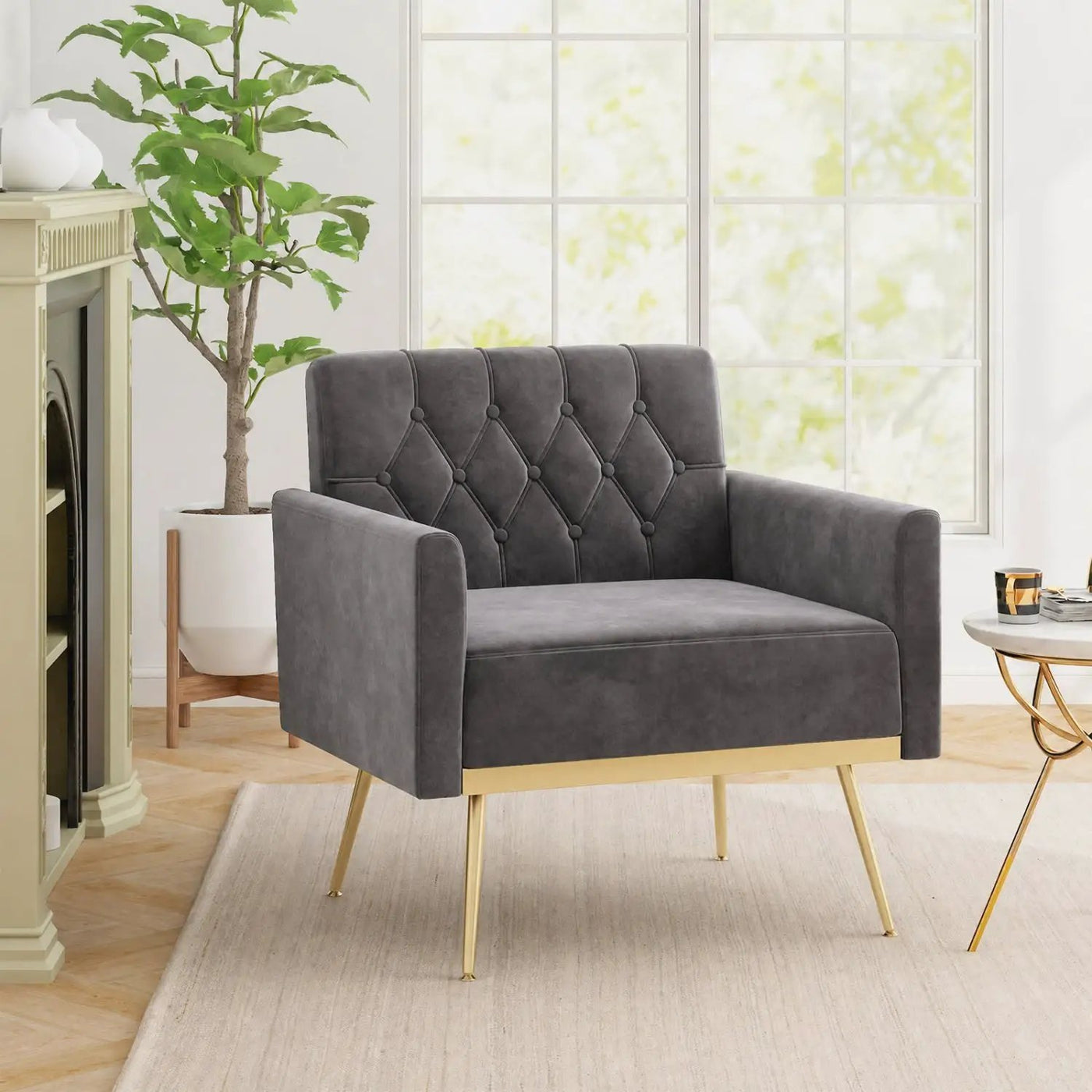 Modern Velvet Upholstered Accent Chair with Button-Tufted Back and Adjustable Feet by DirectDeals