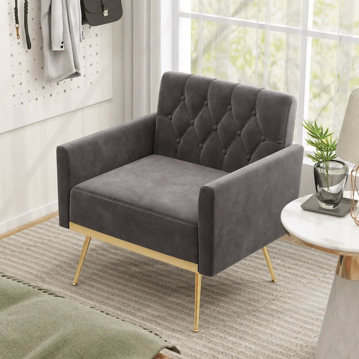 Modern Velvet Upholstered Accent Chair with Button-Tufted Back and Adjustable Feet by DirectDeals