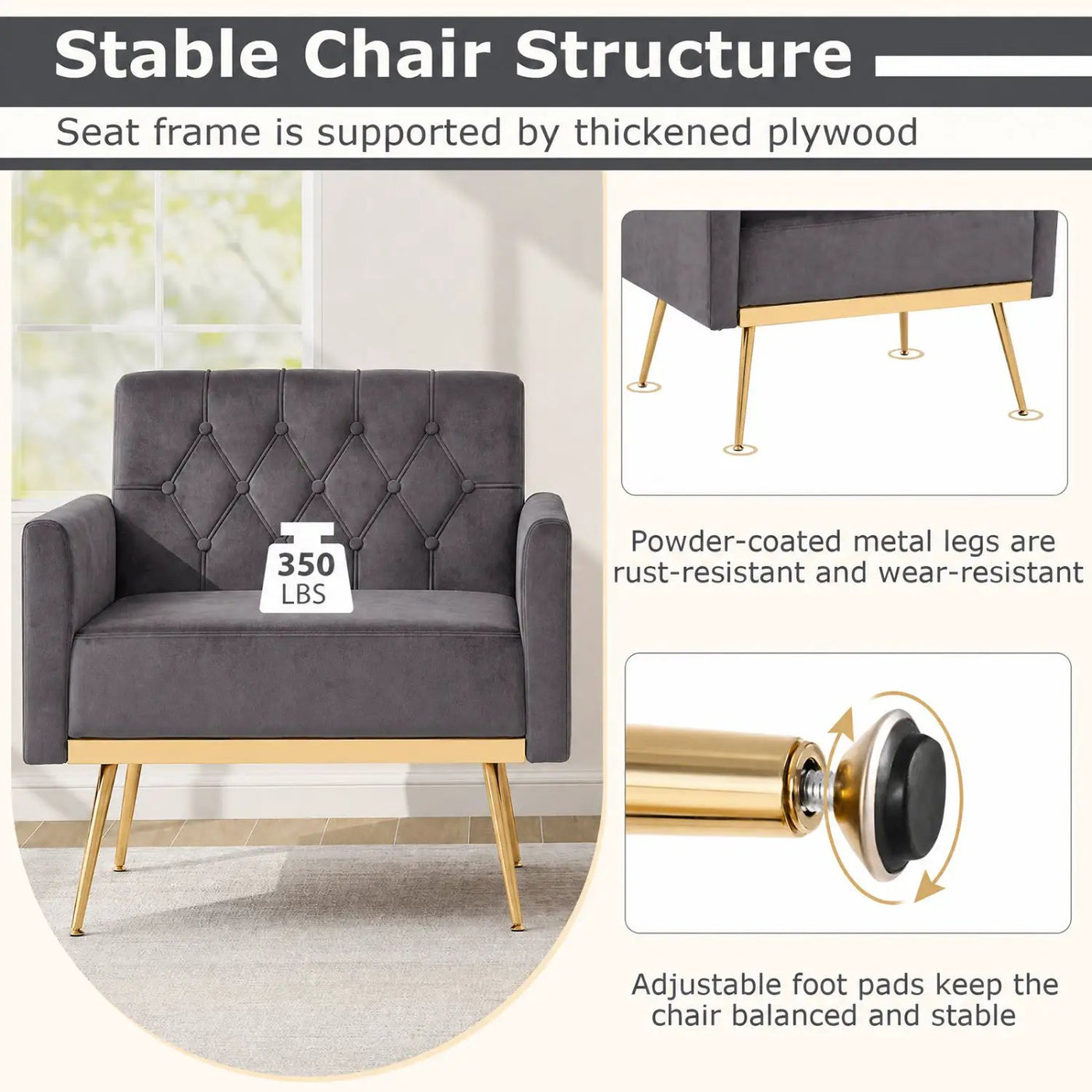 Modern Velvet Upholstered Accent Chair with Button-Tufted Back and Adjustable Feet by DirectDeals