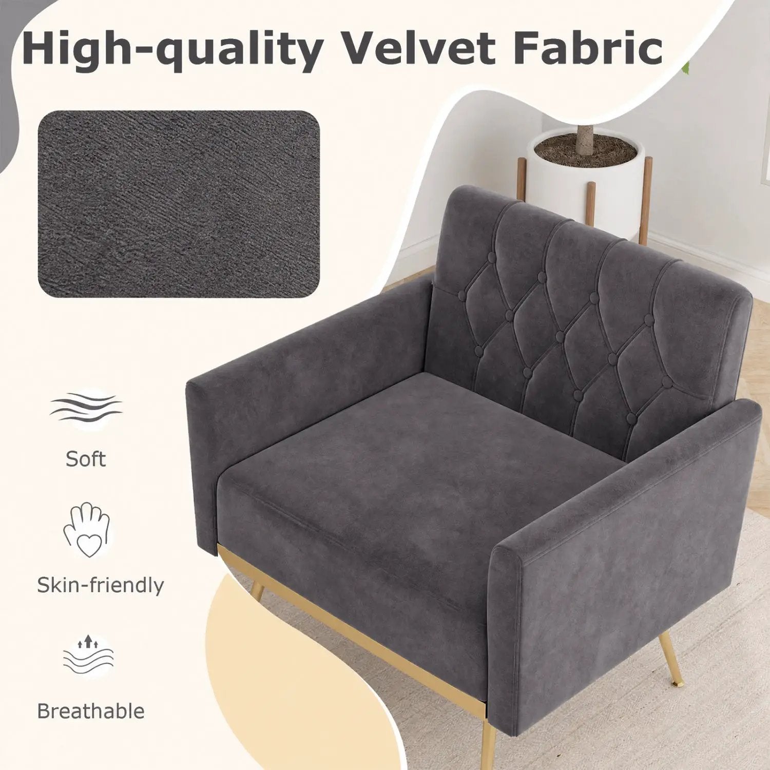Modern Velvet Upholstered Accent Chair with Button-Tufted Back and Adjustable Feet by DirectDeals