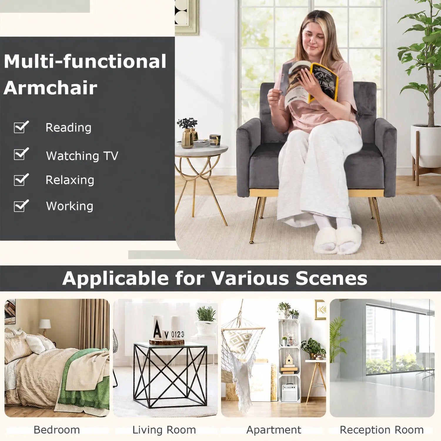 Modern Velvet Upholstered Accent Chair with Button-Tufted Back and Adjustable Feet by DirectDeals
