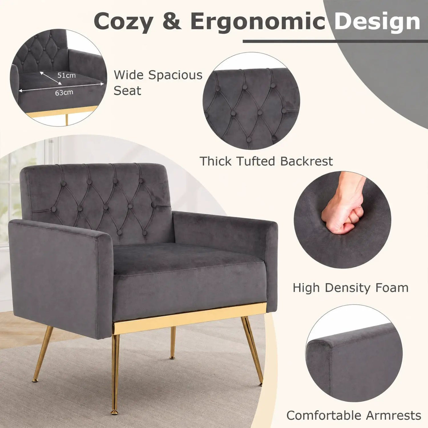 Modern Velvet Upholstered Accent Chair with Button-Tufted Back and Adjustable Feet by DirectDeals