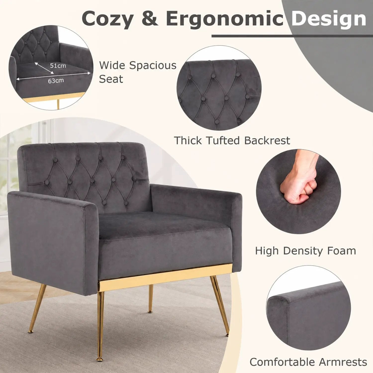 Modern Velvet Upholstered Accent Chair with Button-Tufted Back and Adjustable Feet by DirectDeals