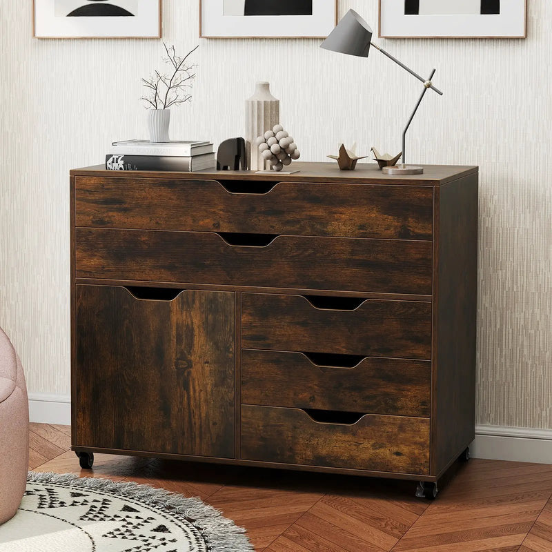 Modern Vertical 5-Drawer Mobile Chest with Door 5 Casters by DirectDeals