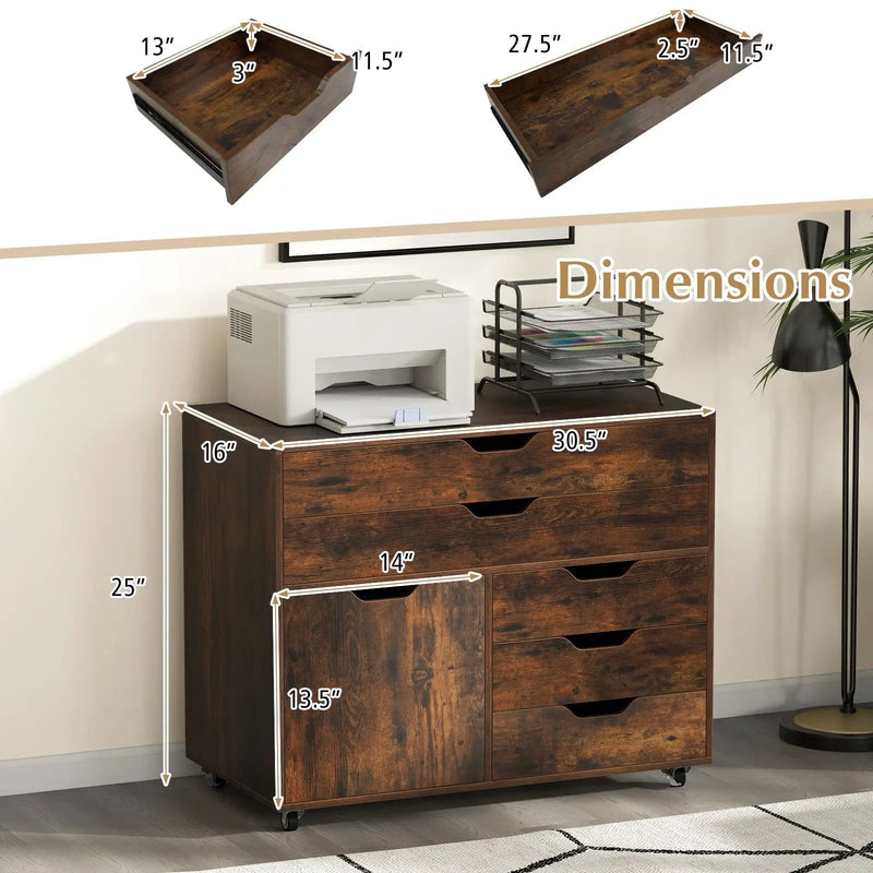 Modern Vertical 5-Drawer Mobile Chest with Door 5 Casters by DirectDeals
