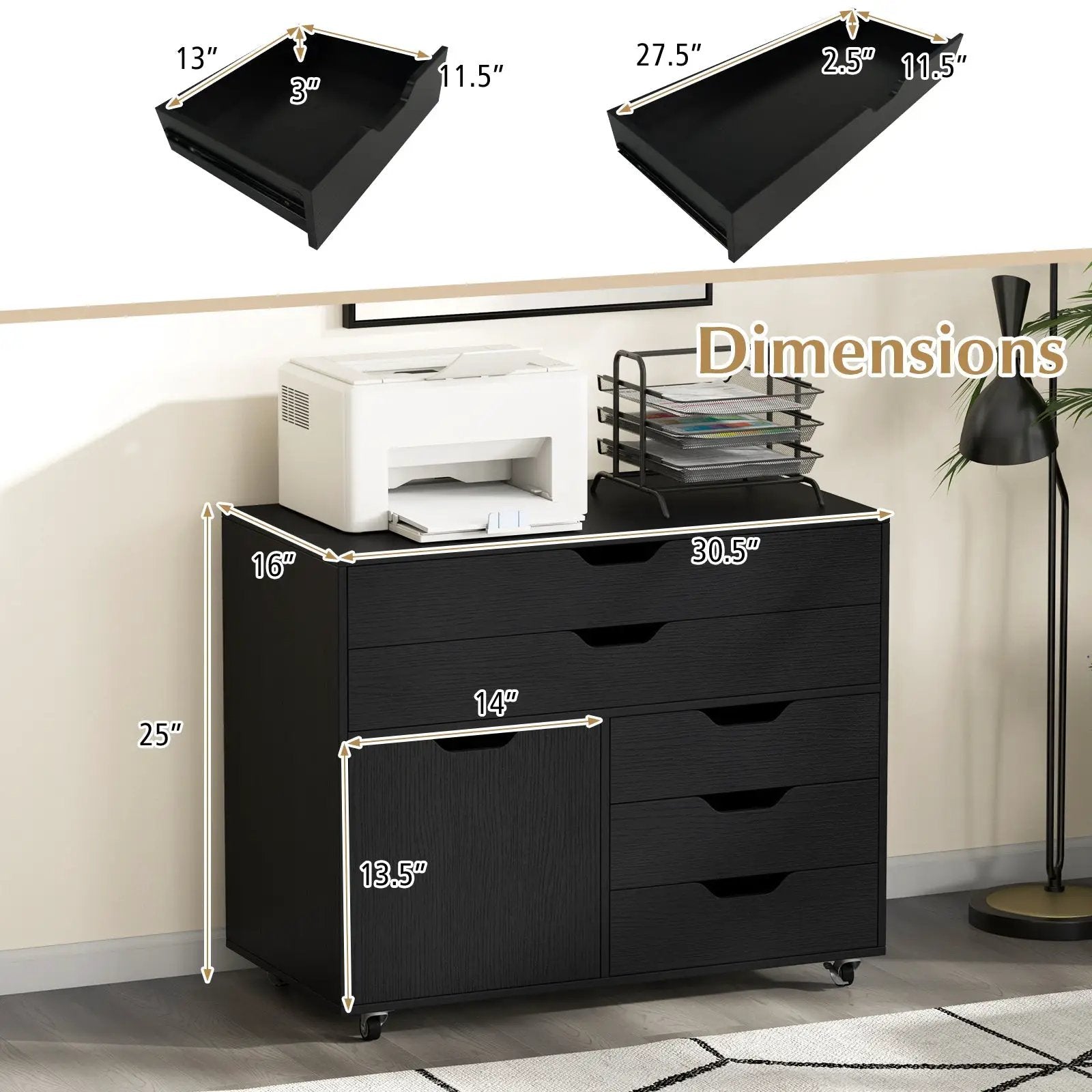 Modern Vertical 5-Drawer Mobile Chest with Door 5 Casters by DirectDeals