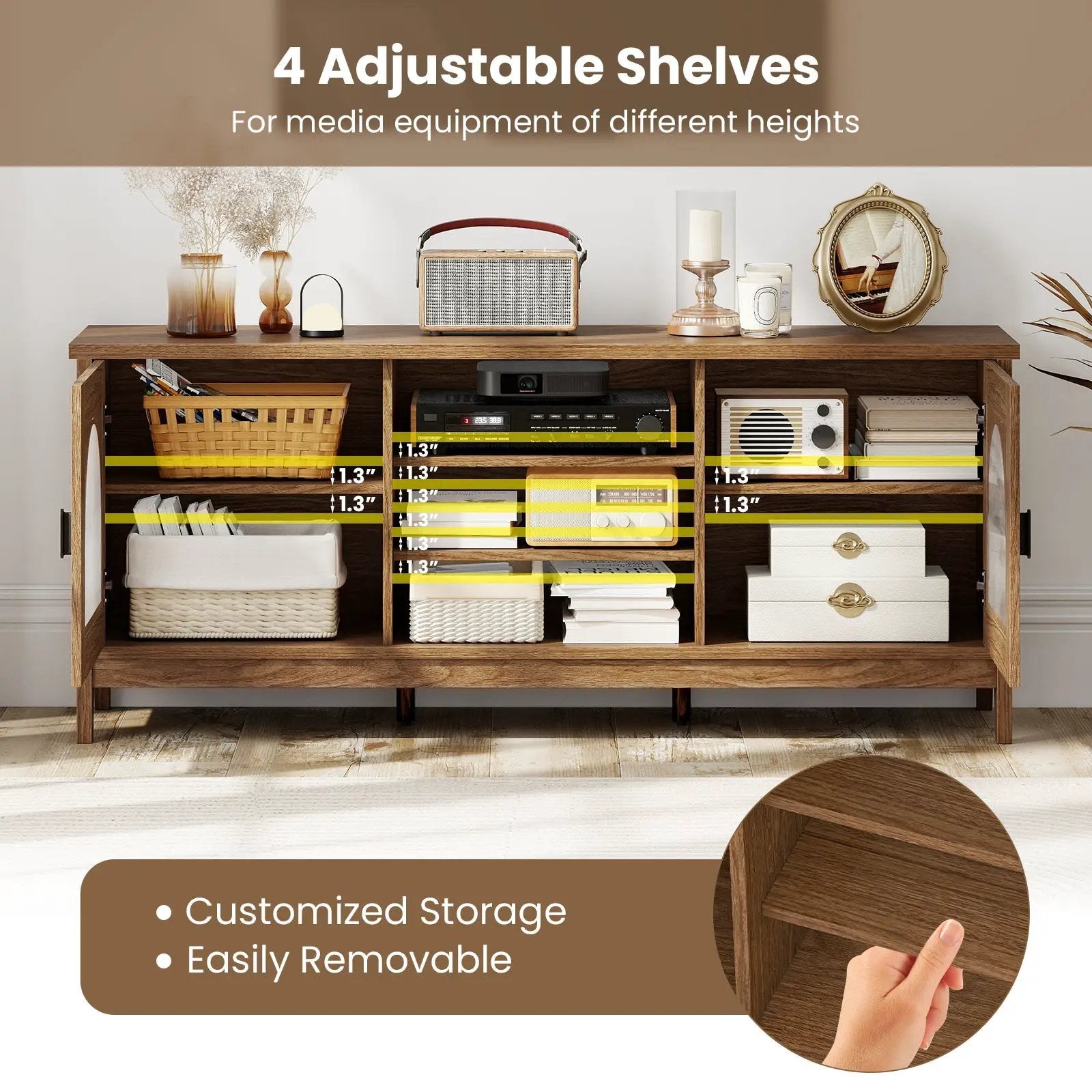 Modern Vintage TV Cabinet with Adjustable Shelves and 2 Cable Holes for TVs up to 65 Inches by DirectDeals