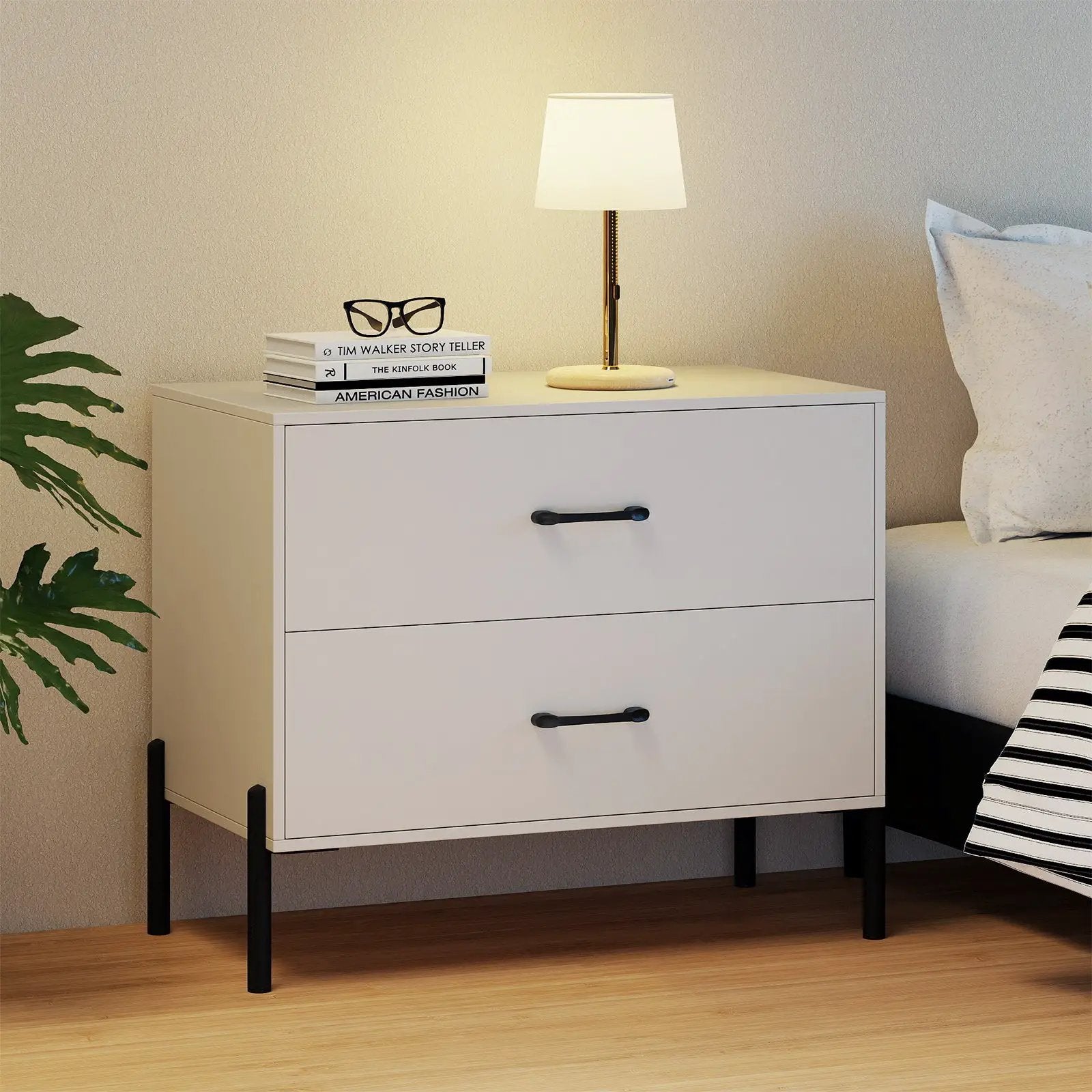 Modern Wooden 2-Drawer Nightstand with Metal Legs and Handles-White by DirectDeals