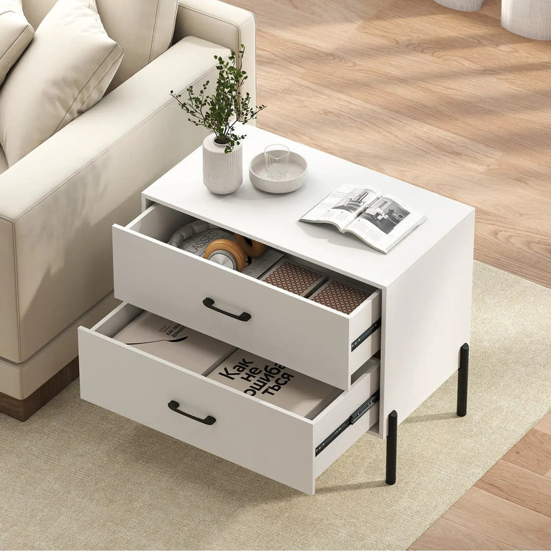 Modern Wooden 2-Drawer Nightstand with Metal Legs and Handles-White by DirectDeals