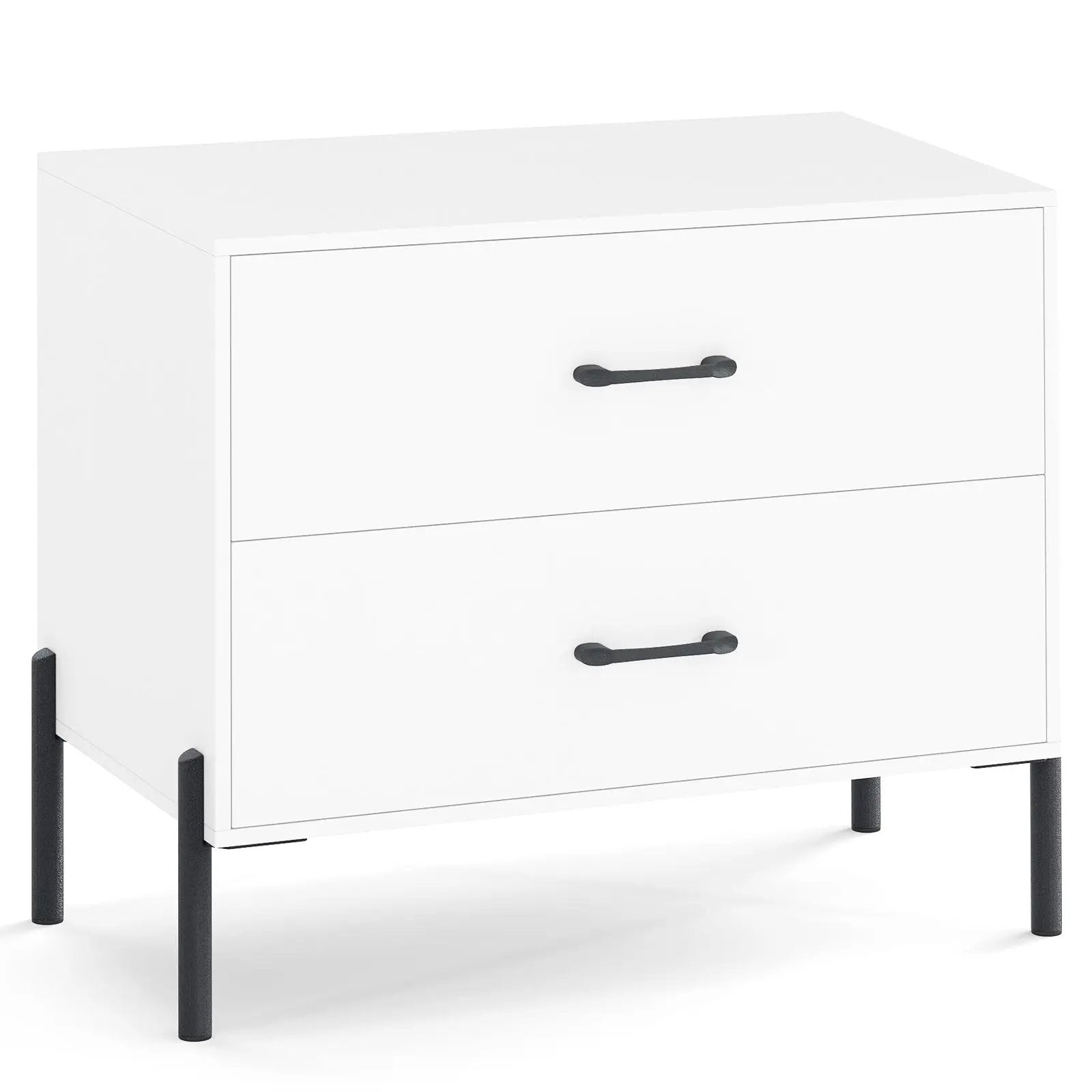 Modern Wooden 2-Drawer Nightstand with Metal Legs and Handles-White by DirectDeals