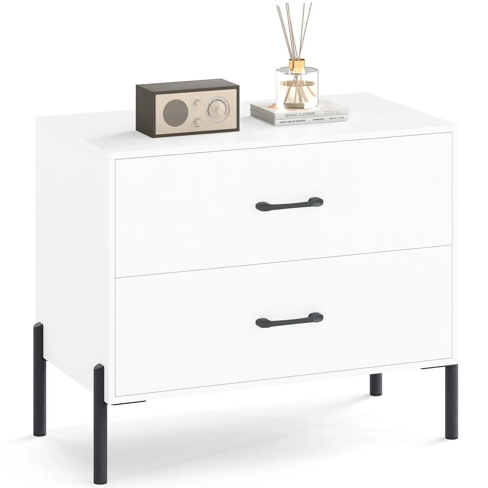 Modern Wooden 2-Drawer Nightstand with Metal Legs and Handles-White by DirectDeals