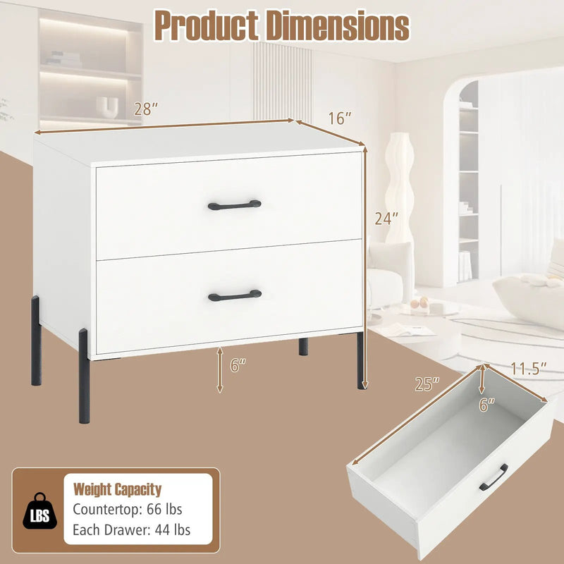 Modern Wooden 2-Drawer Nightstand with Metal Legs and Handles-White by DirectDeals