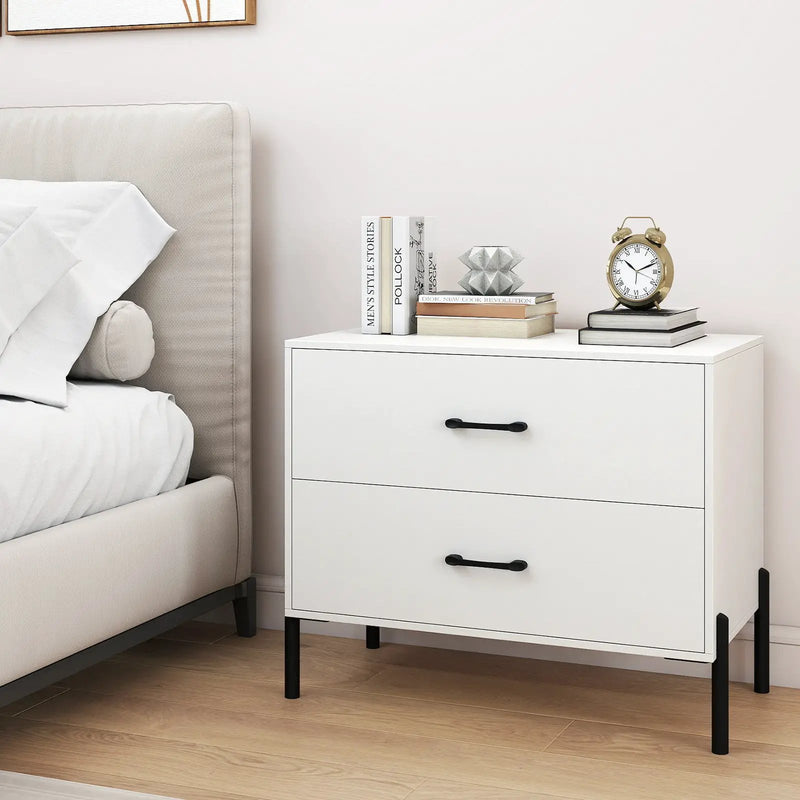 Modern Wooden 2-Drawer Nightstand with Metal Legs and Handles-White by DirectDeals
