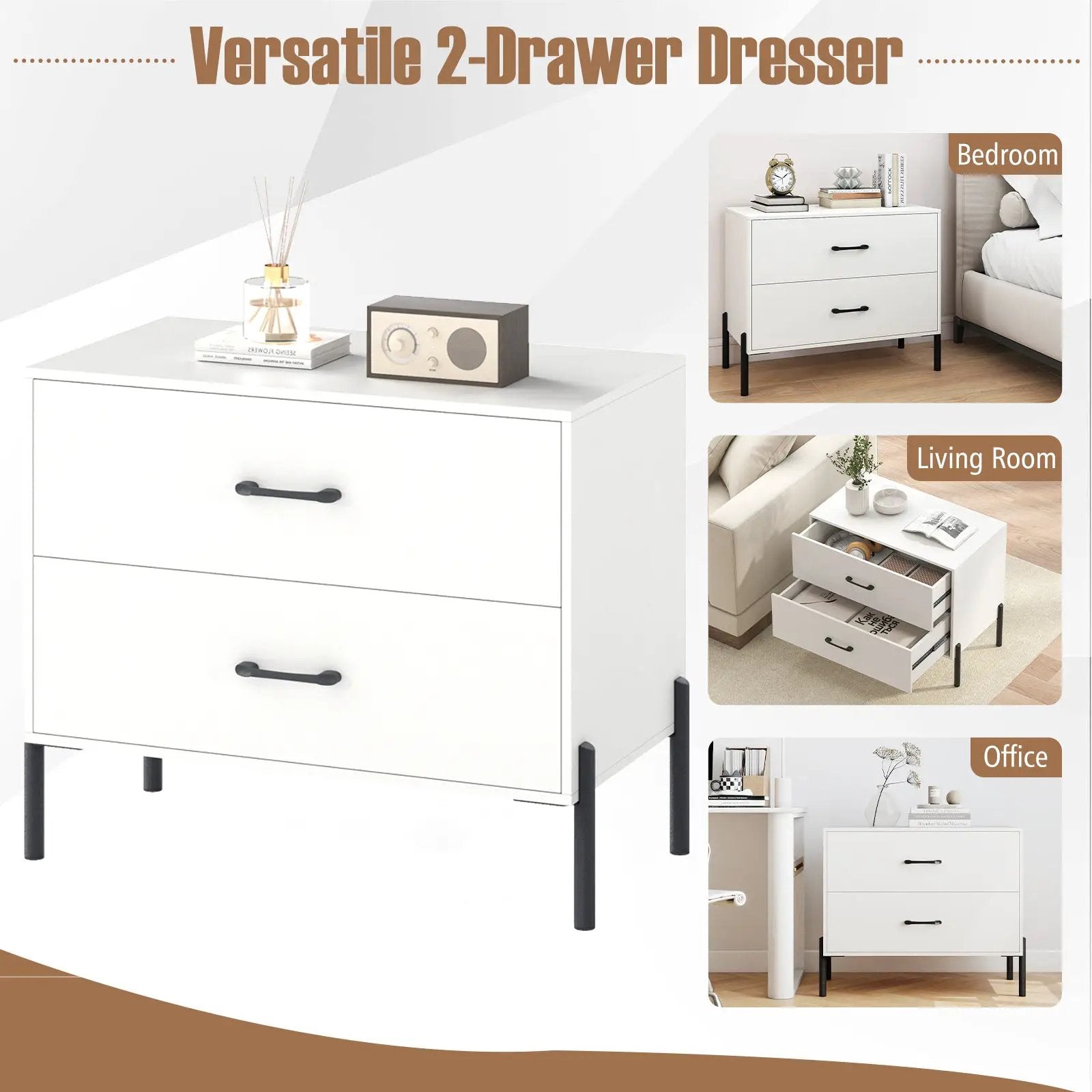 Modern Wooden 2-Drawer Nightstand with Metal Legs and Handles-White by DirectDeals