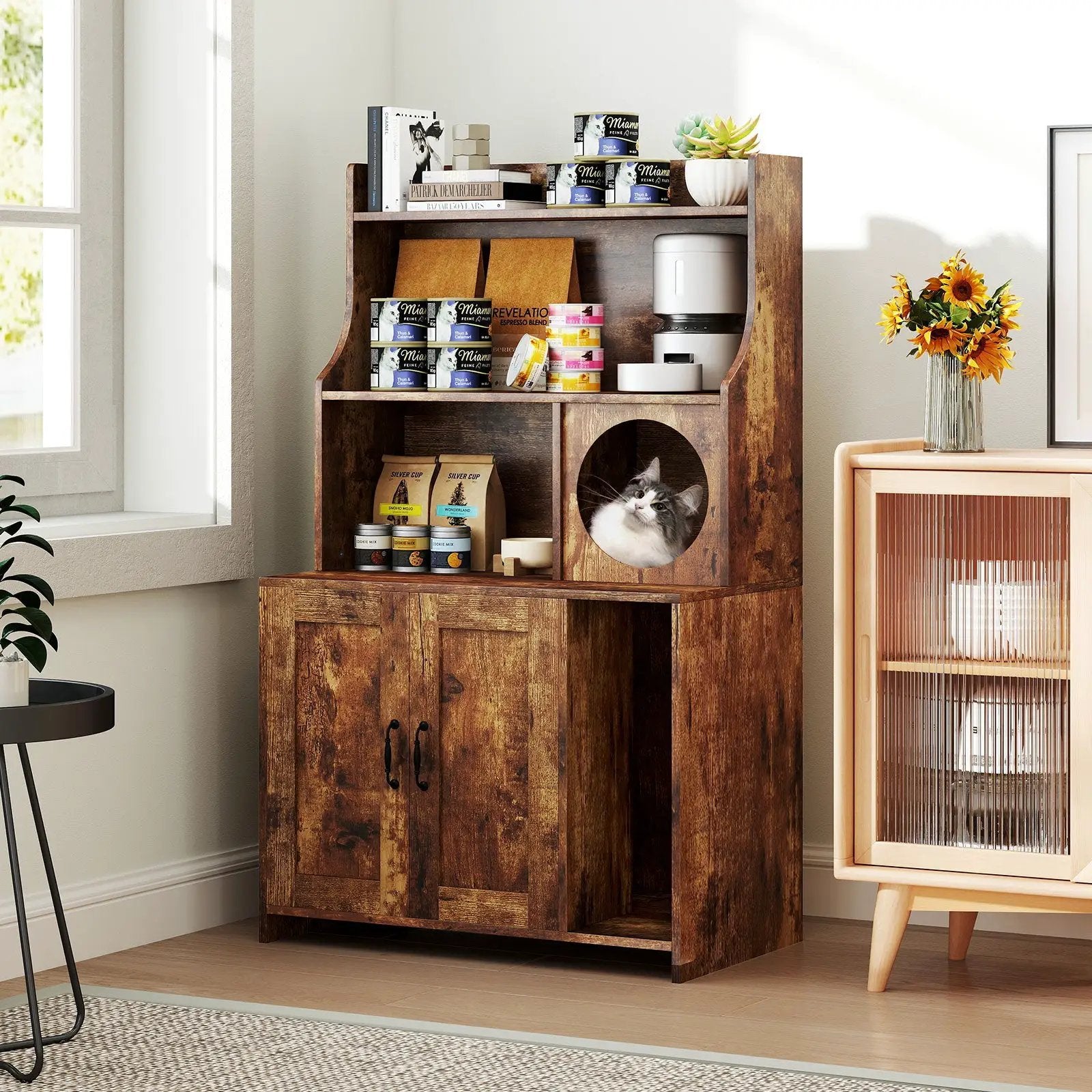 Modern Wooden Industrial Cat Litter Box Enclosure with Storage Shelves-Brown by DirectDeals