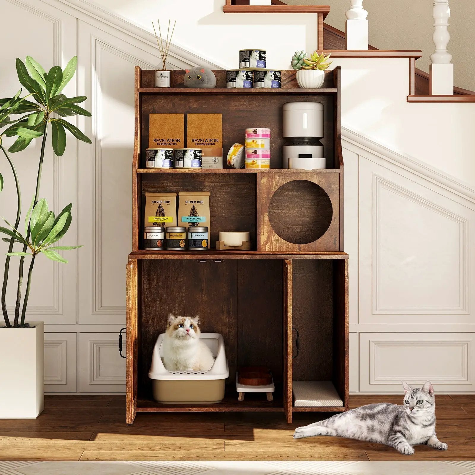 Modern Wooden Industrial Cat Litter Box Enclosure with Storage Shelves-Brown by DirectDeals