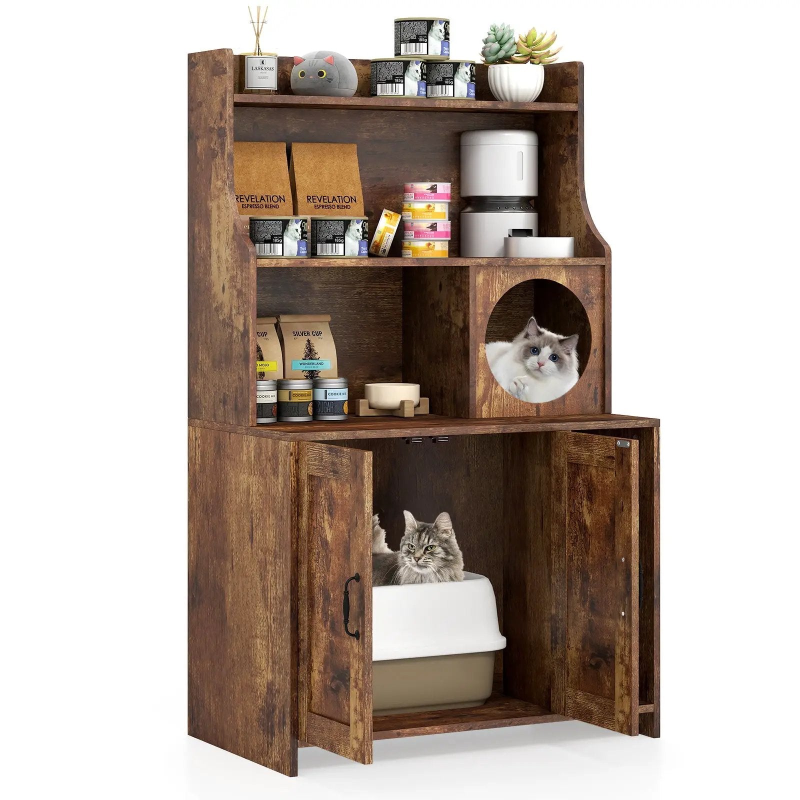 Modern Wooden Industrial Cat Litter Box Enclosure with Storage Shelves-Brown by DirectDeals