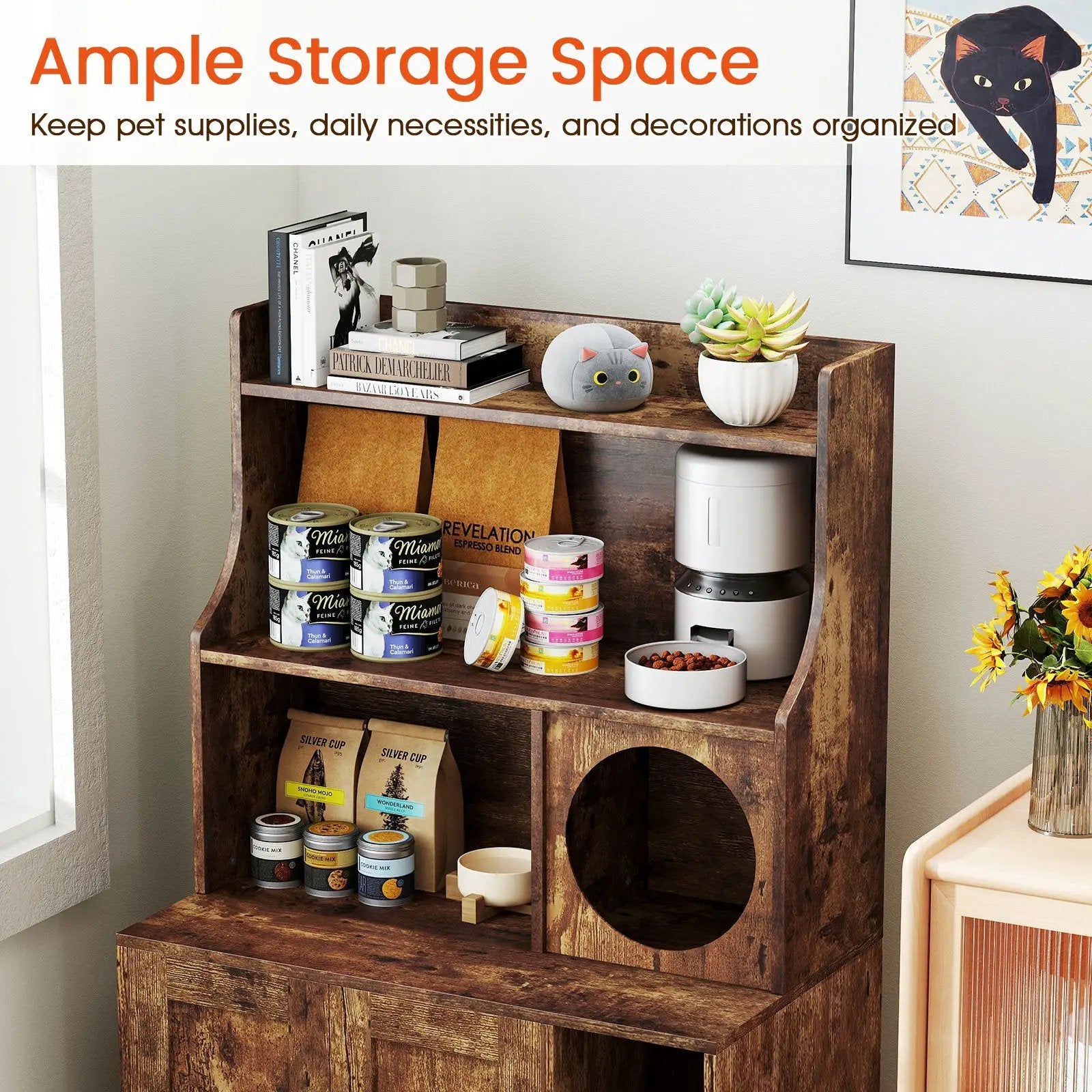 Modern Wooden Industrial Cat Litter Box Enclosure with Storage Shelves-Brown by DirectDeals