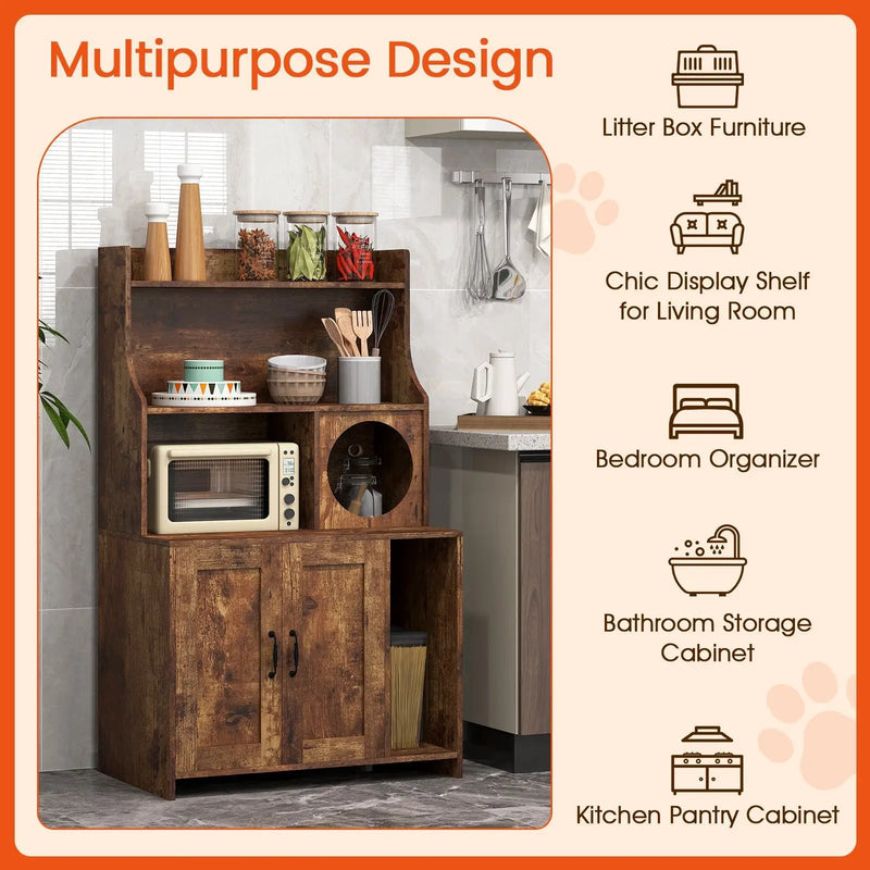 Modern Wooden Industrial Cat Litter Box Enclosure with Storage Shelves-Brown by DirectDeals