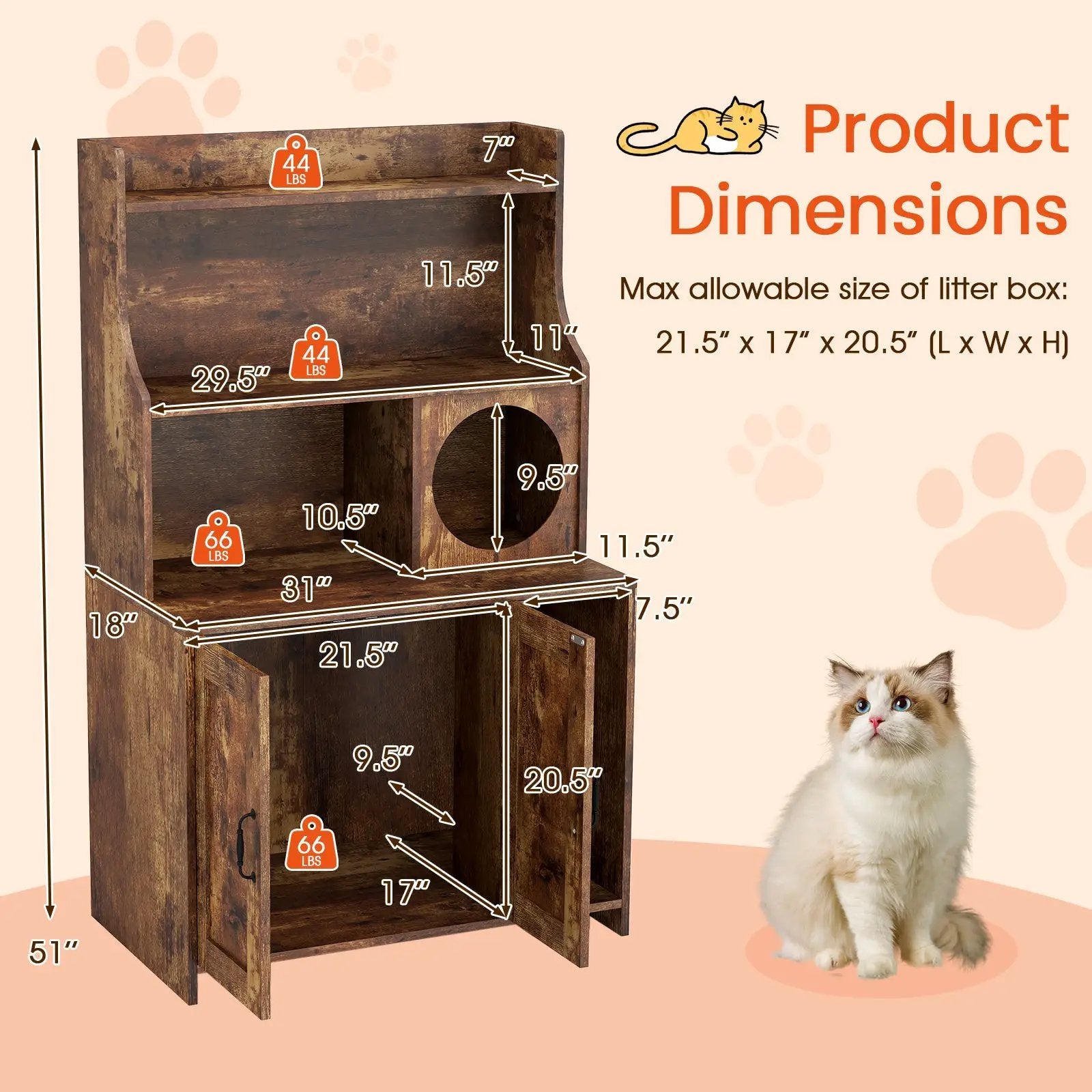 Modern Wooden Industrial Cat Litter Box Enclosure with Storage Shelves-Brown by DirectDeals