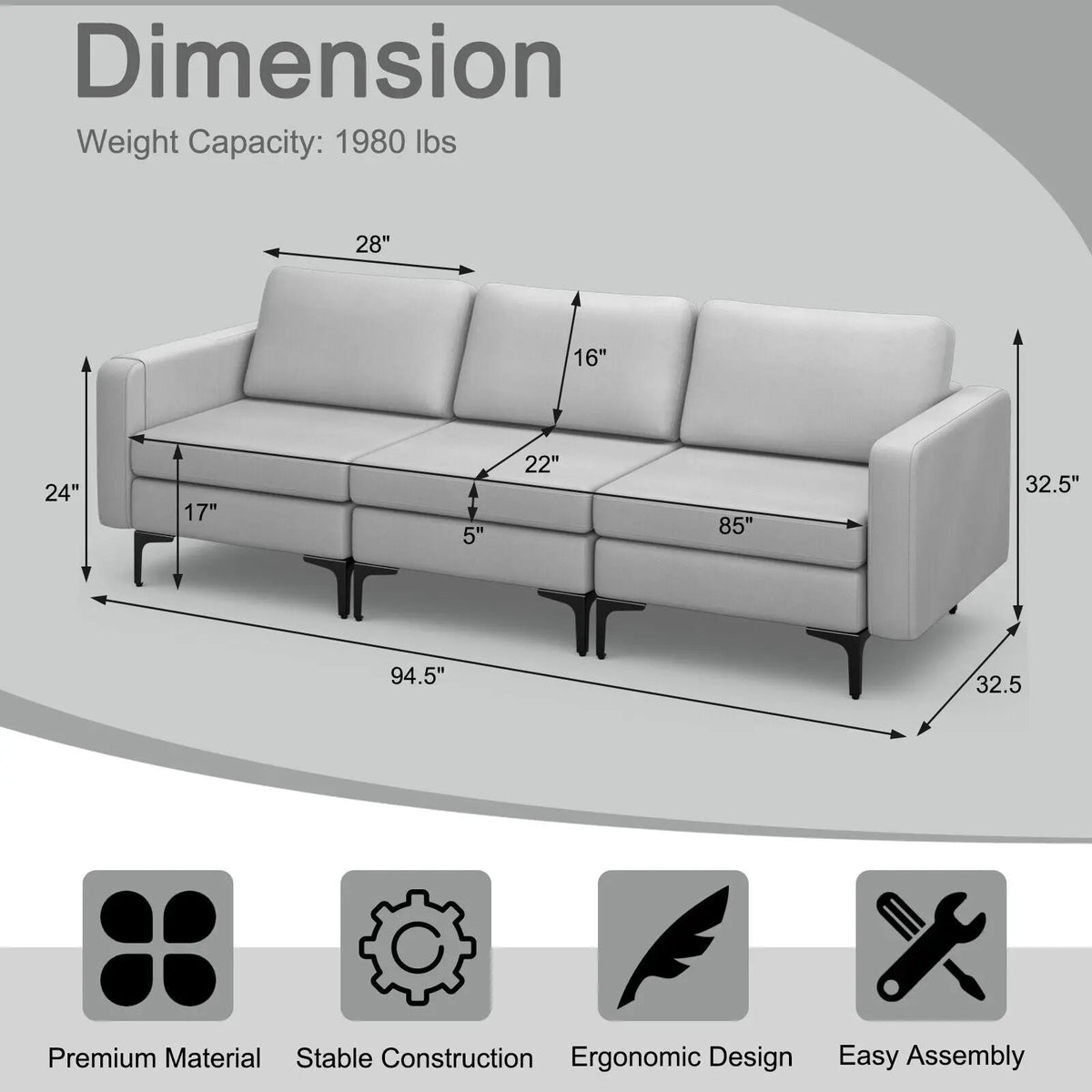 3-Seat Sectional Sofa Couch with Armrest Magazine Pocket and Metal Leg, photo 24 of 40