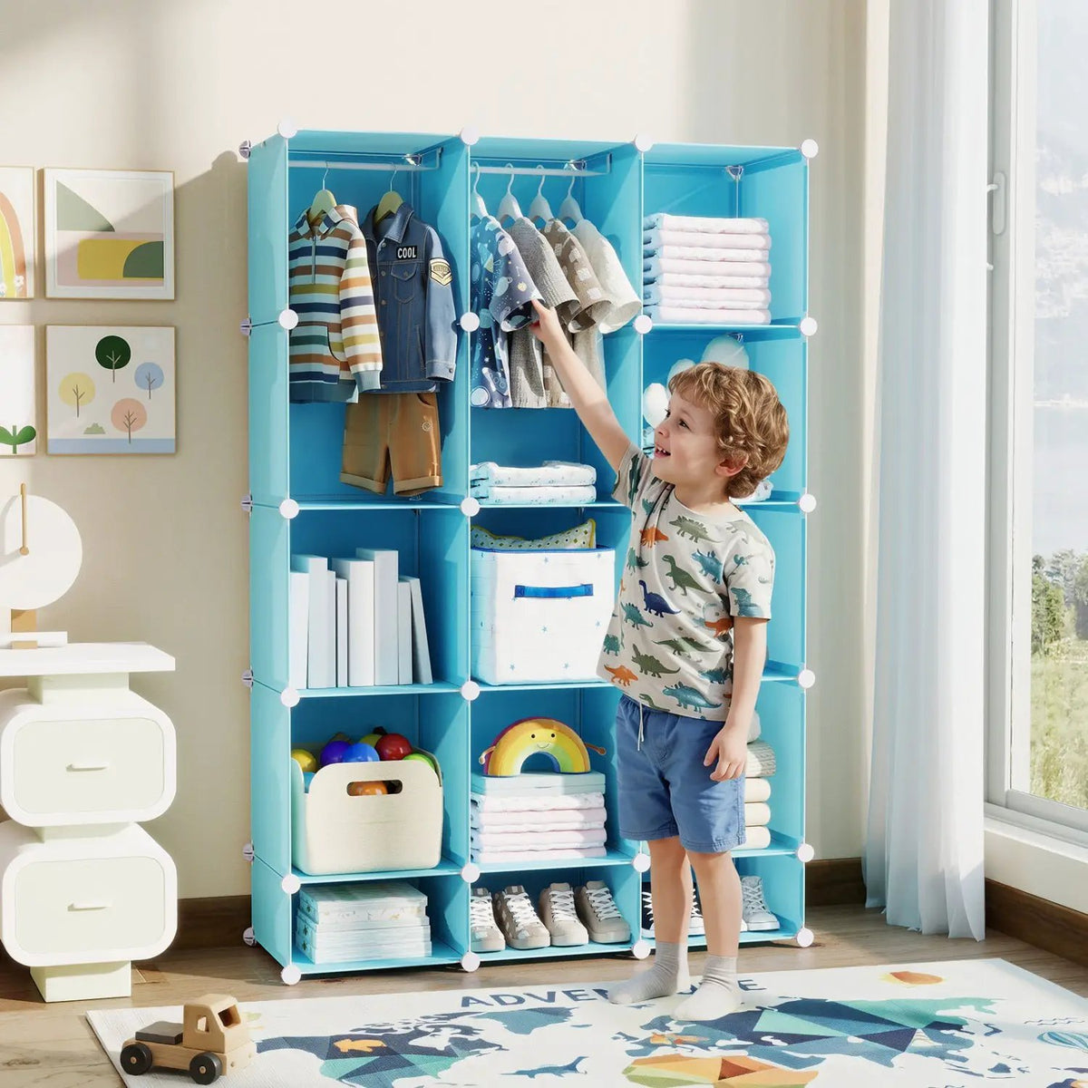 13-Cube Modular Kids Wardrobe with Hanging Rod and Shelves
