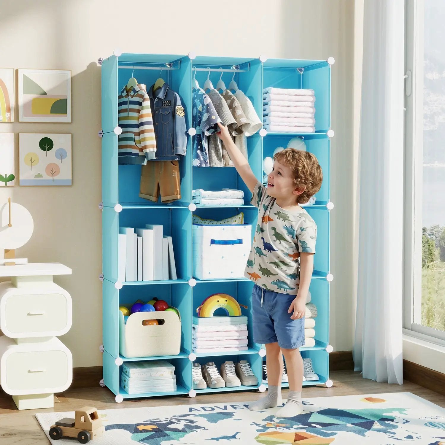 13-Cube Modular Kids Wardrobe with Hanging Rod and Shelves by DirectDeals