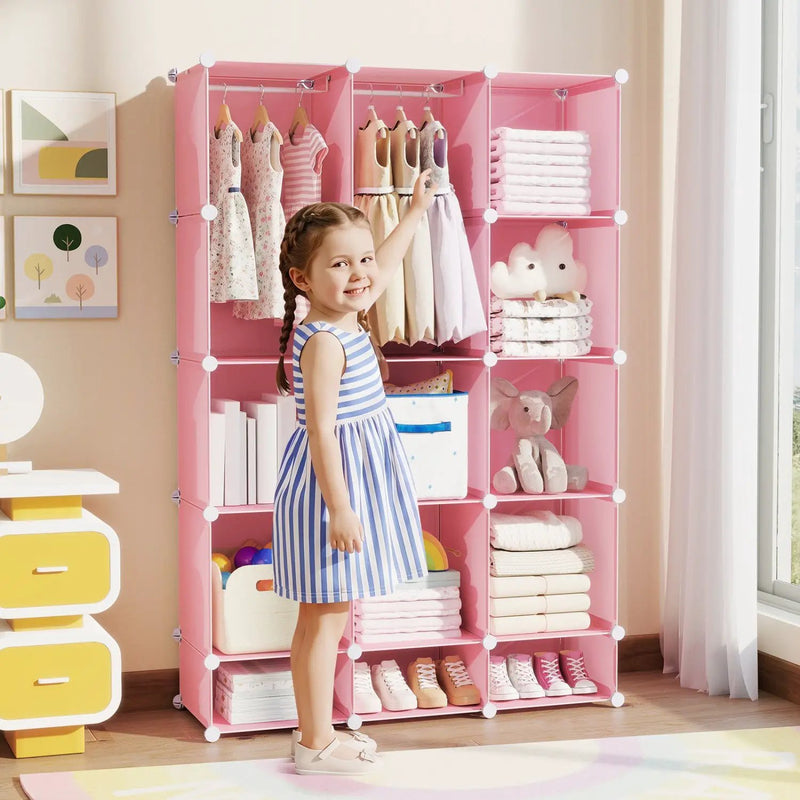 13-Cube Modular Kids Wardrobe with Hanging Rod and Shelves by DirectDeals