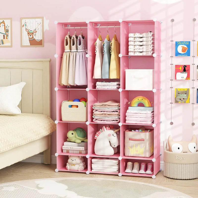 13-Cube Modular Kids Wardrobe with Hanging Rod and Shelves by DirectDeals