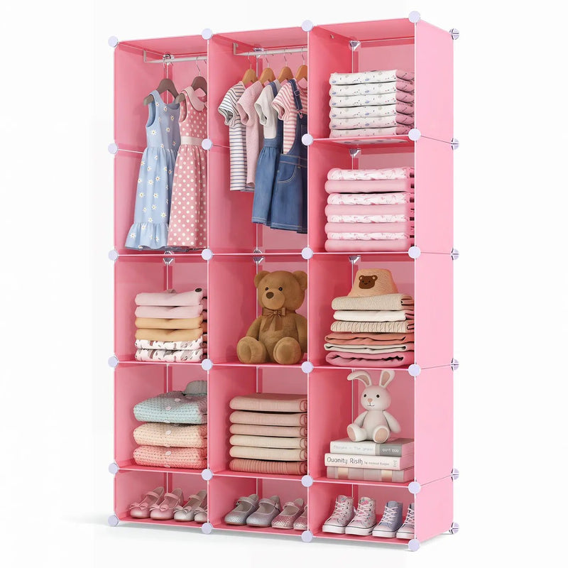 13-Cube Modular Kids Wardrobe with Hanging Rod and Shelves by DirectDeals
