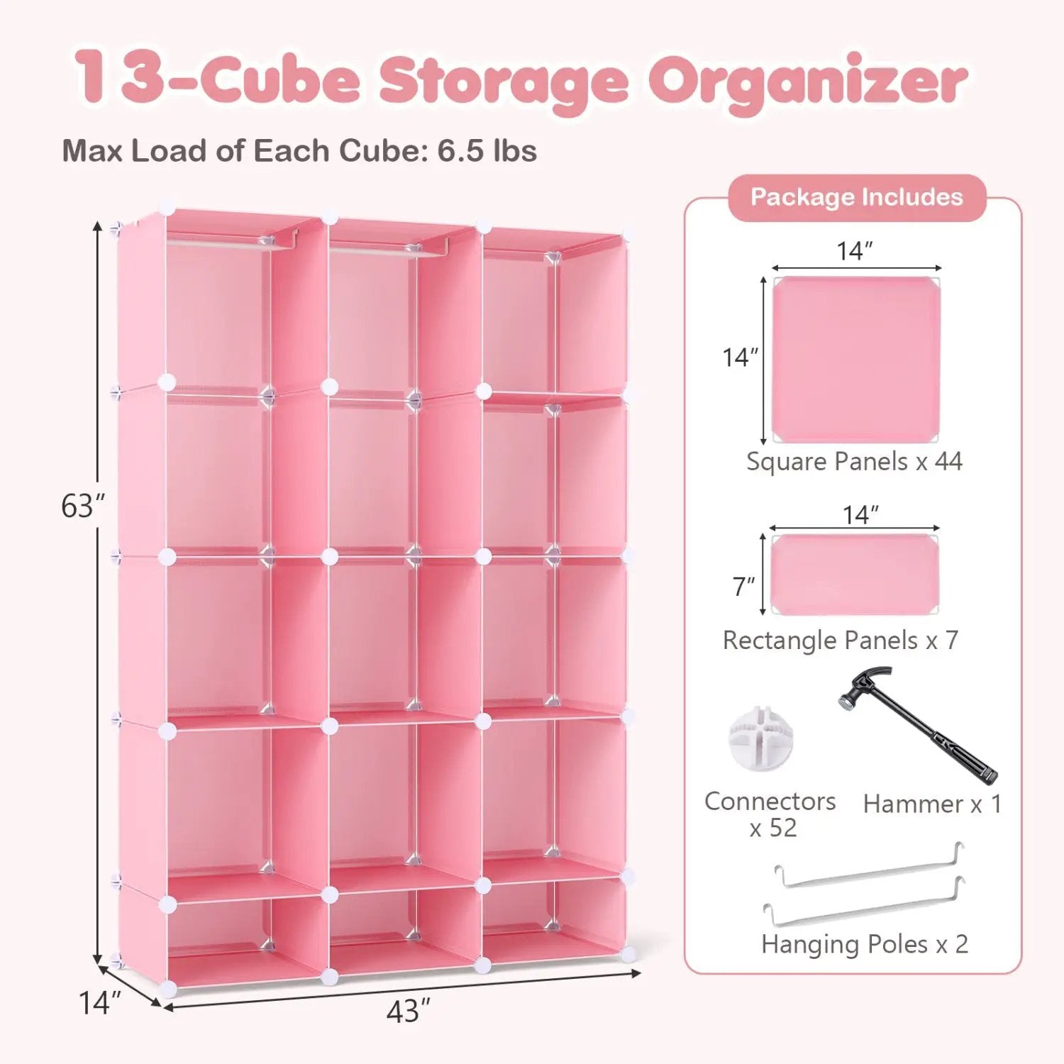 13-Cube Modular Kids Wardrobe with Hanging Rod and Shelves by DirectDeals