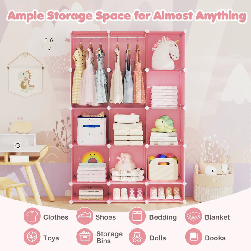 13-Cube Modular Kids Wardrobe with Hanging Rod and Shelves by DirectDeals