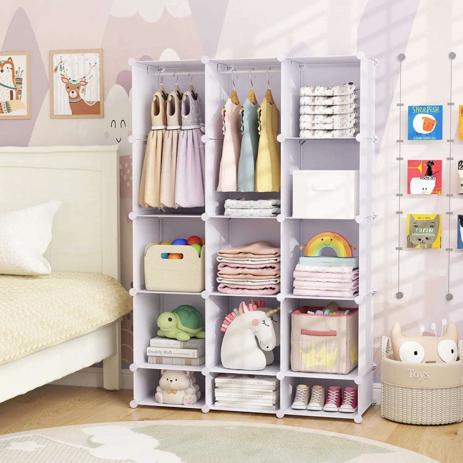13-Cube Modular Kids Wardrobe with Hanging Rod and Shelves by DirectDeals