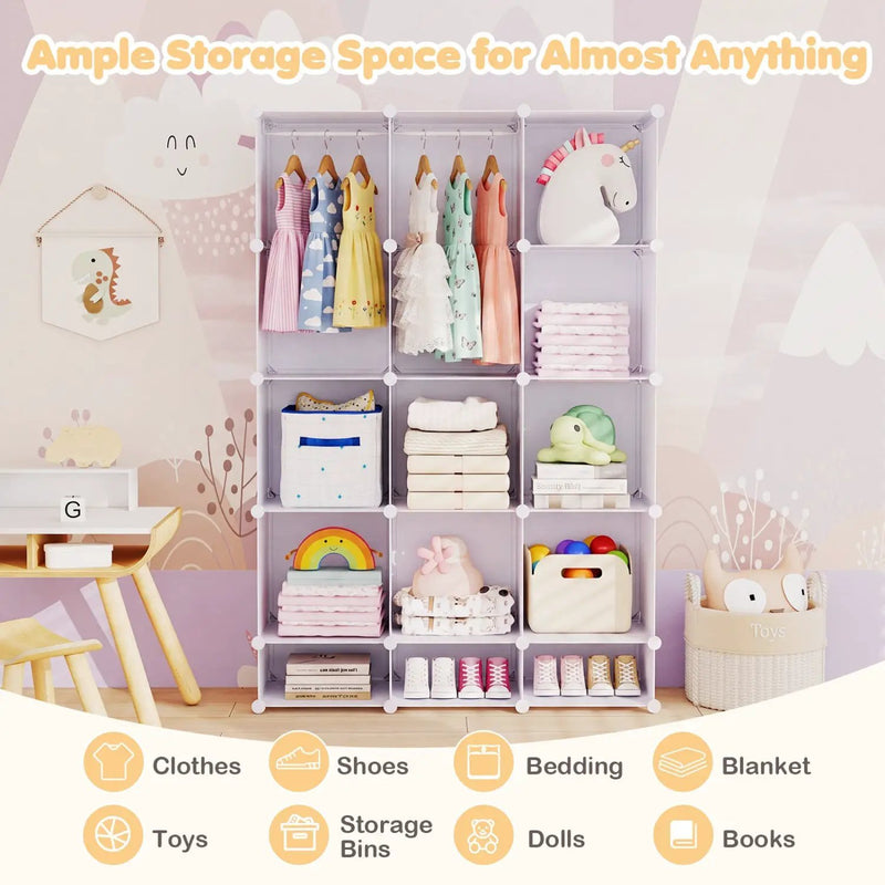 13-Cube Modular Kids Wardrobe with Hanging Rod and Shelves by DirectDeals