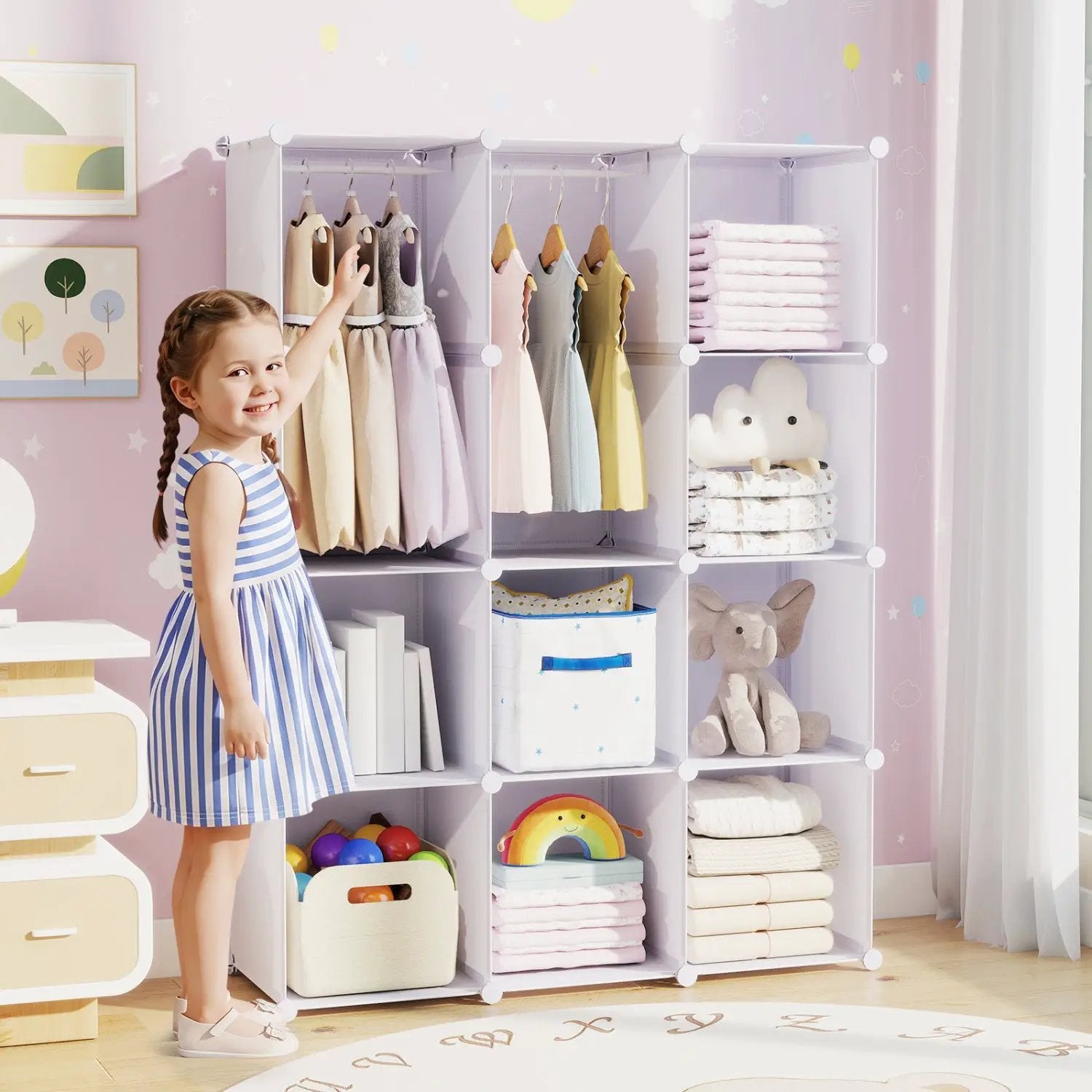 Modular Kids Wardrobe with 10 Cubes & Hanging Rod by DirectDeals