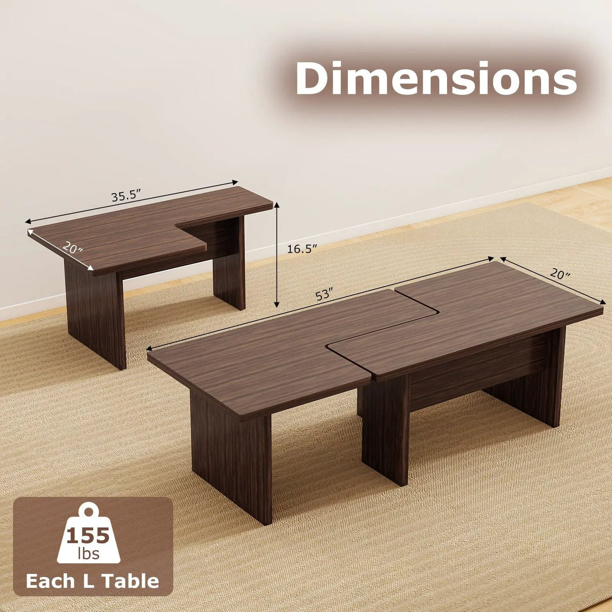 Modular Coffee Table Set of 2 L Shaped Center Tables for Small Space, photo 10 of 16