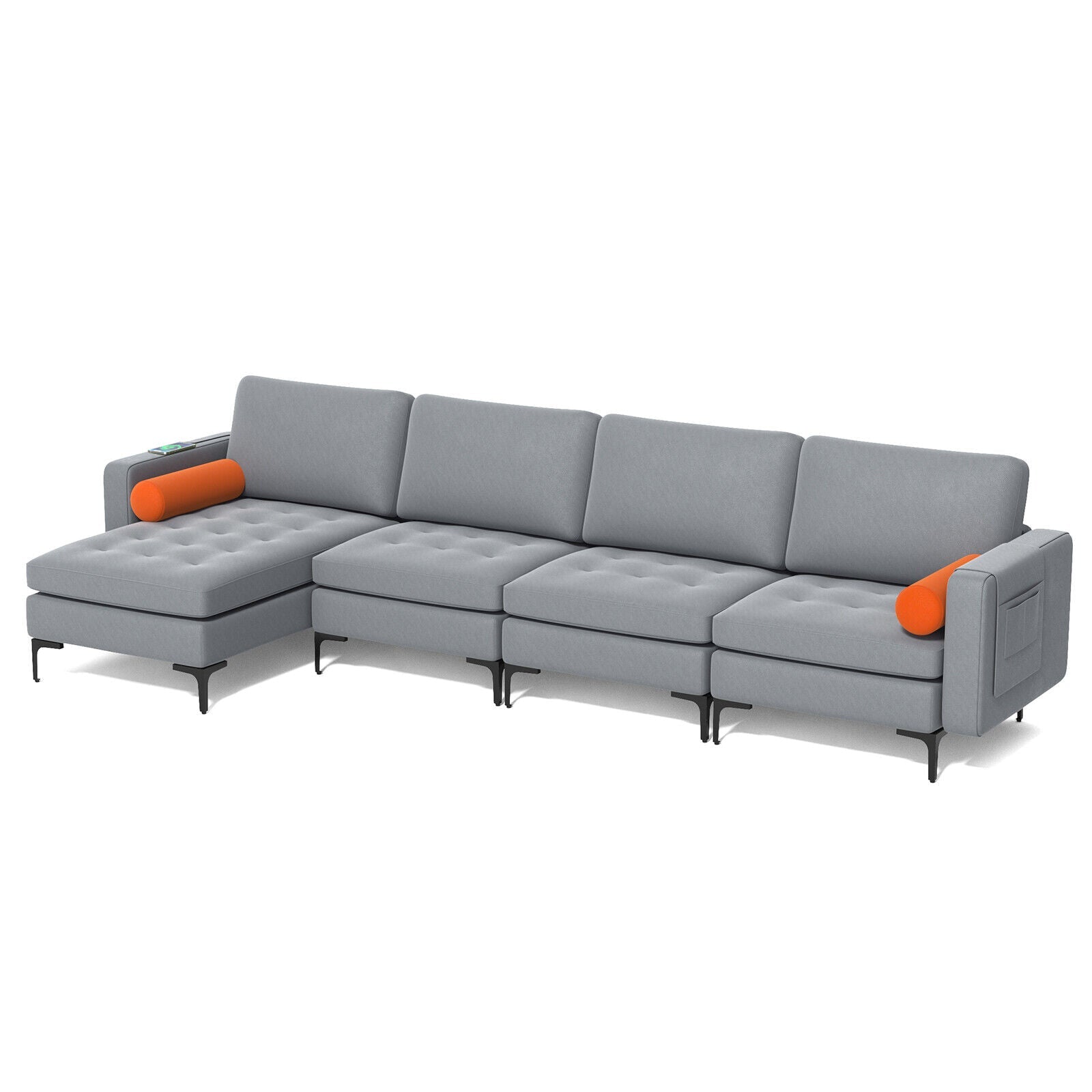 Modular L-shaped 4-Seat Sectional Sofa with Reversible Chaise and 2 USB Socket by DirectDeals