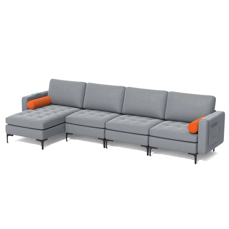 Modular L-shaped 4-Seat Sectional Sofa with Reversible Chaise and 2 USB Socket by DirectDeals