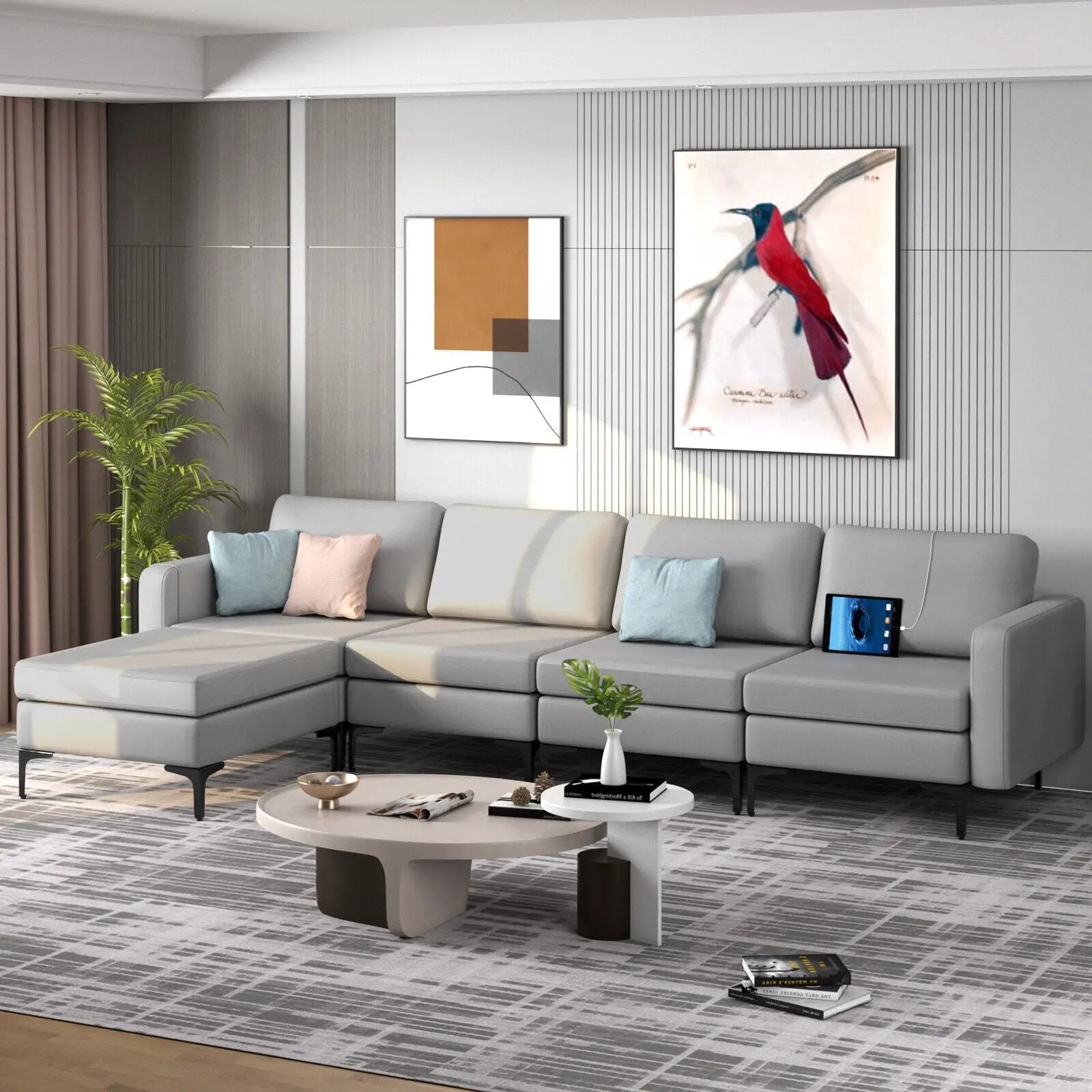 Modular L-shaped Sectional Sofa with Reversible Ottoman and 2 USB Ports by DirectDeals