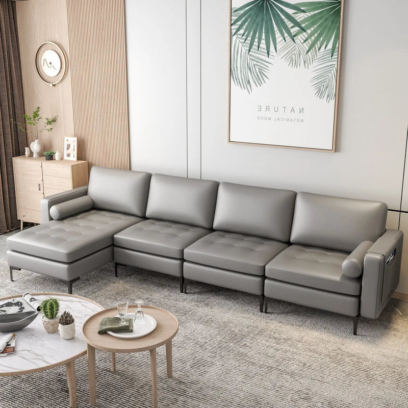 Modular L-shaped 4-Seat Sectional Sofa with Reversible Chaise and 2 USB Socket by DirectDeals
