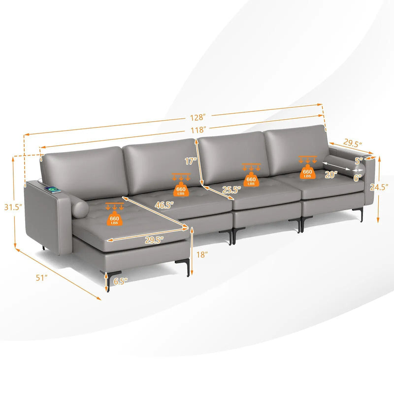 Modular L-shaped 4-Seat Sectional Sofa with Reversible Chaise and 2 USB Socket by DirectDeals