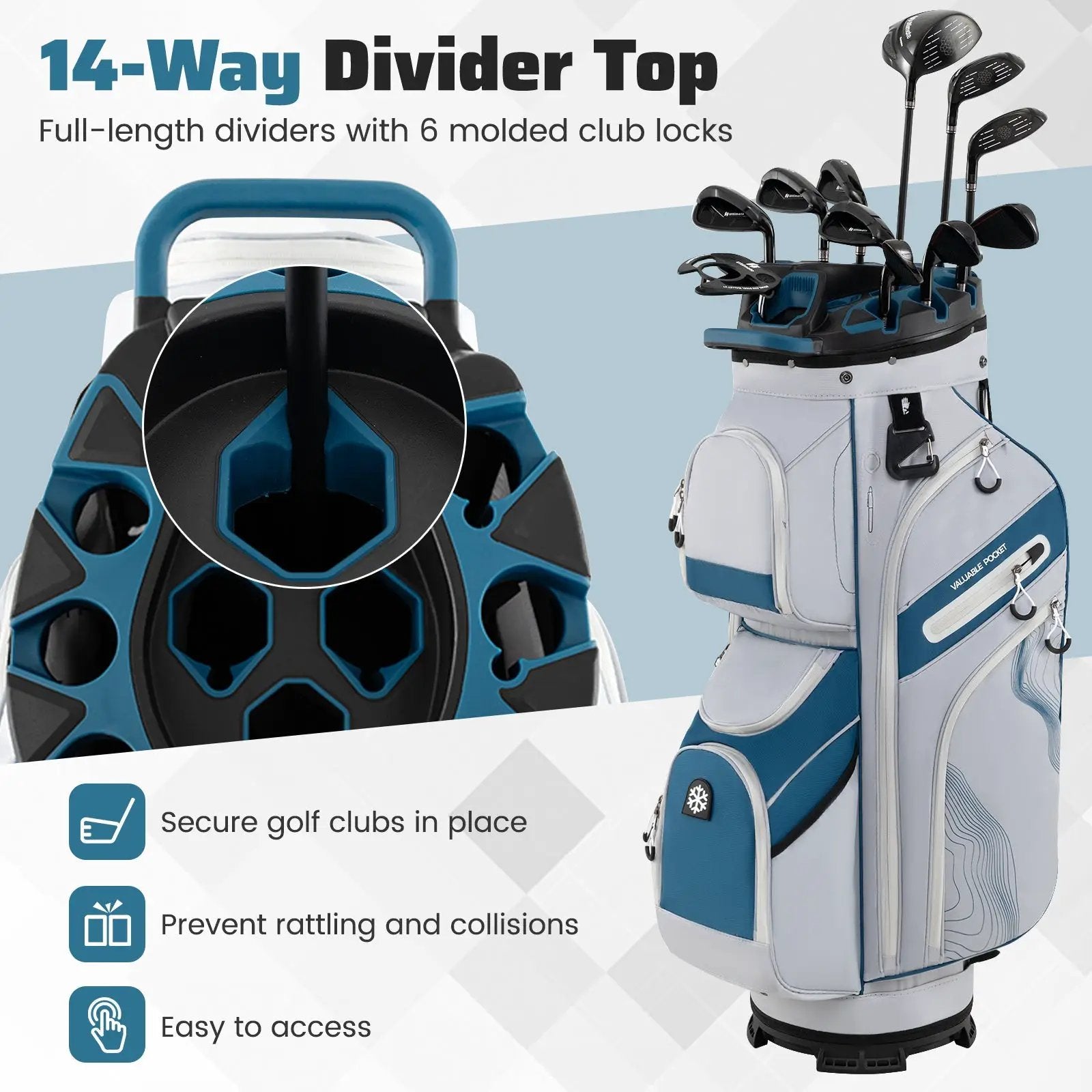 Molded Lock Top Golf Cart Bag with 14-Way Full Length Dividers and 11 Pockets by DirectDeals