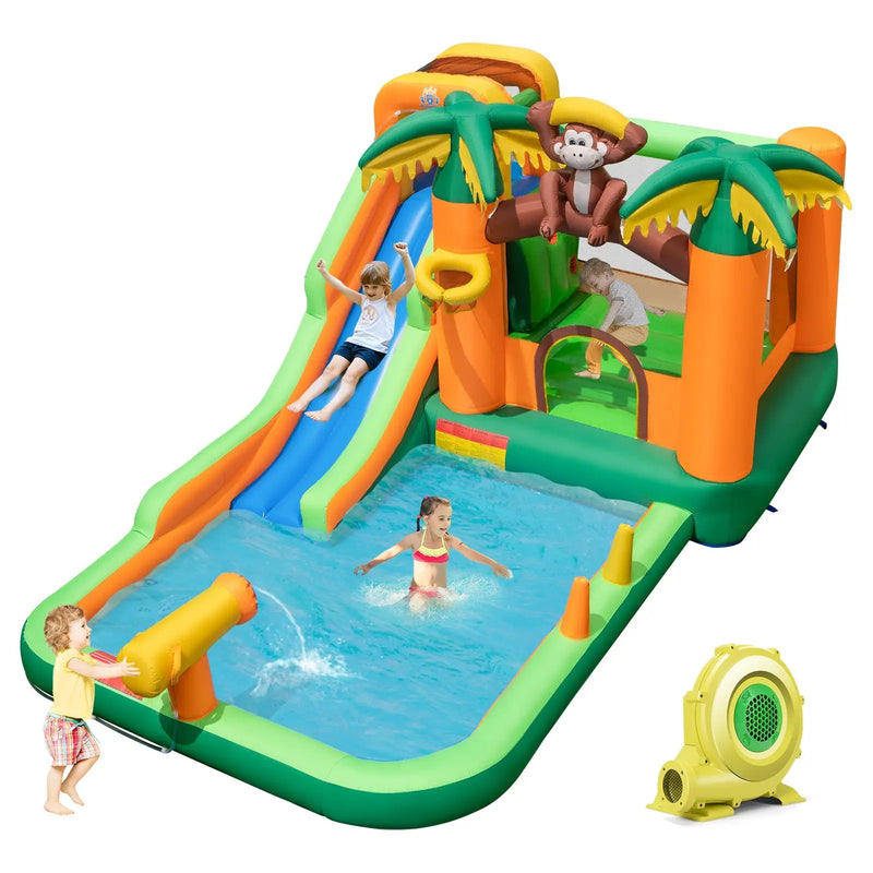 Monkey-Themed Inflatable Water Slide with Jumping Area and Pool with 680W Blower by DirectDeals