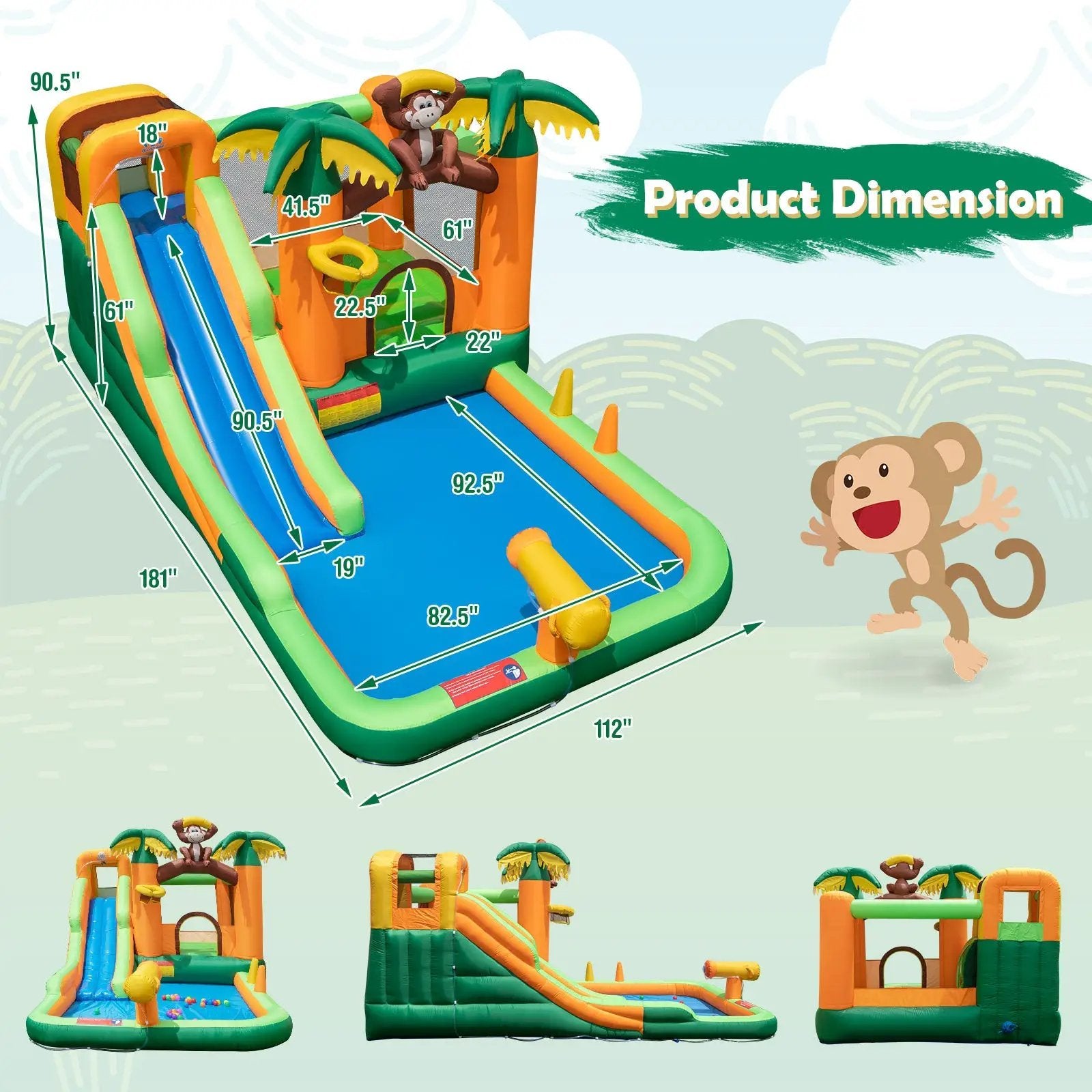 Monkey-Themed Inflatable Water Slide with Jumping Area and Pool with 680W Blower by DirectDeals