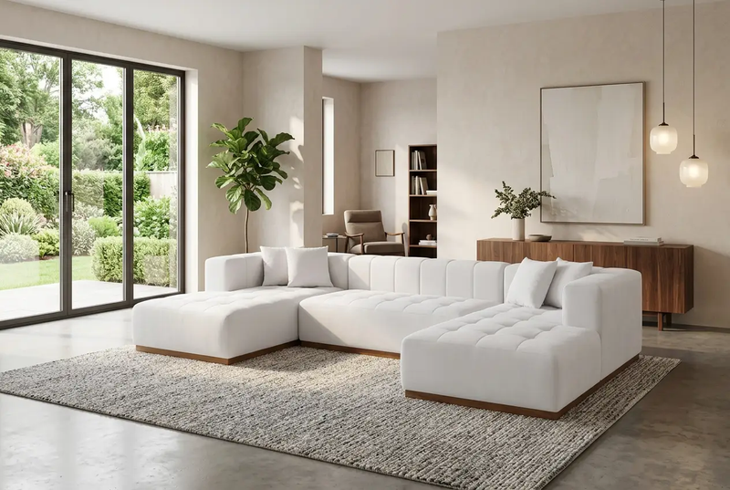 Montecito Ivory Velvet Double Chaise "U" Shape Sectional Sofa by Ornate Furniture