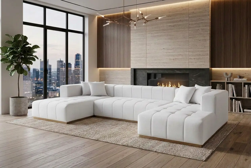 Montecito Ivory Velvet Double Chaise "U" Shape Sectional Sofa by Ornate Furniture