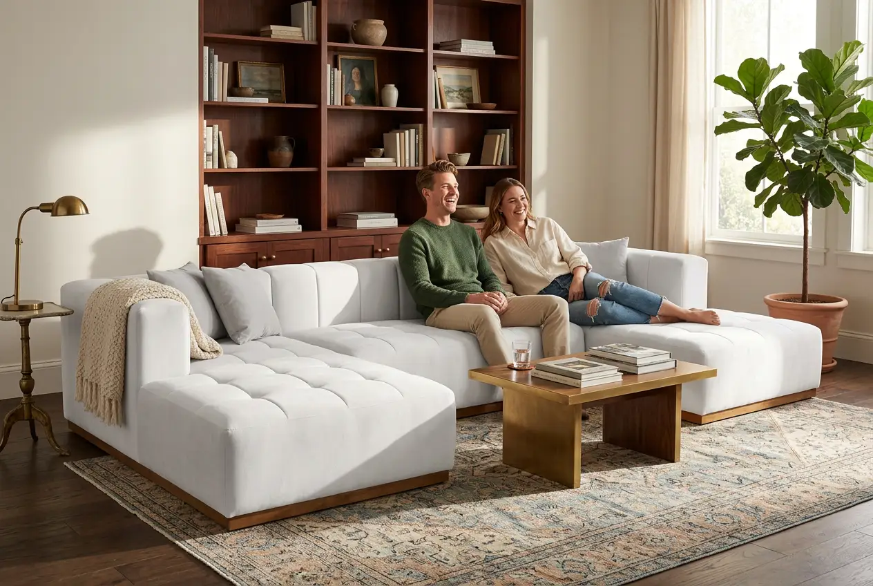 Montecito Ivory Velvet Double Chaise "U" Shape Sectional Sofa by Ornate Furniture
